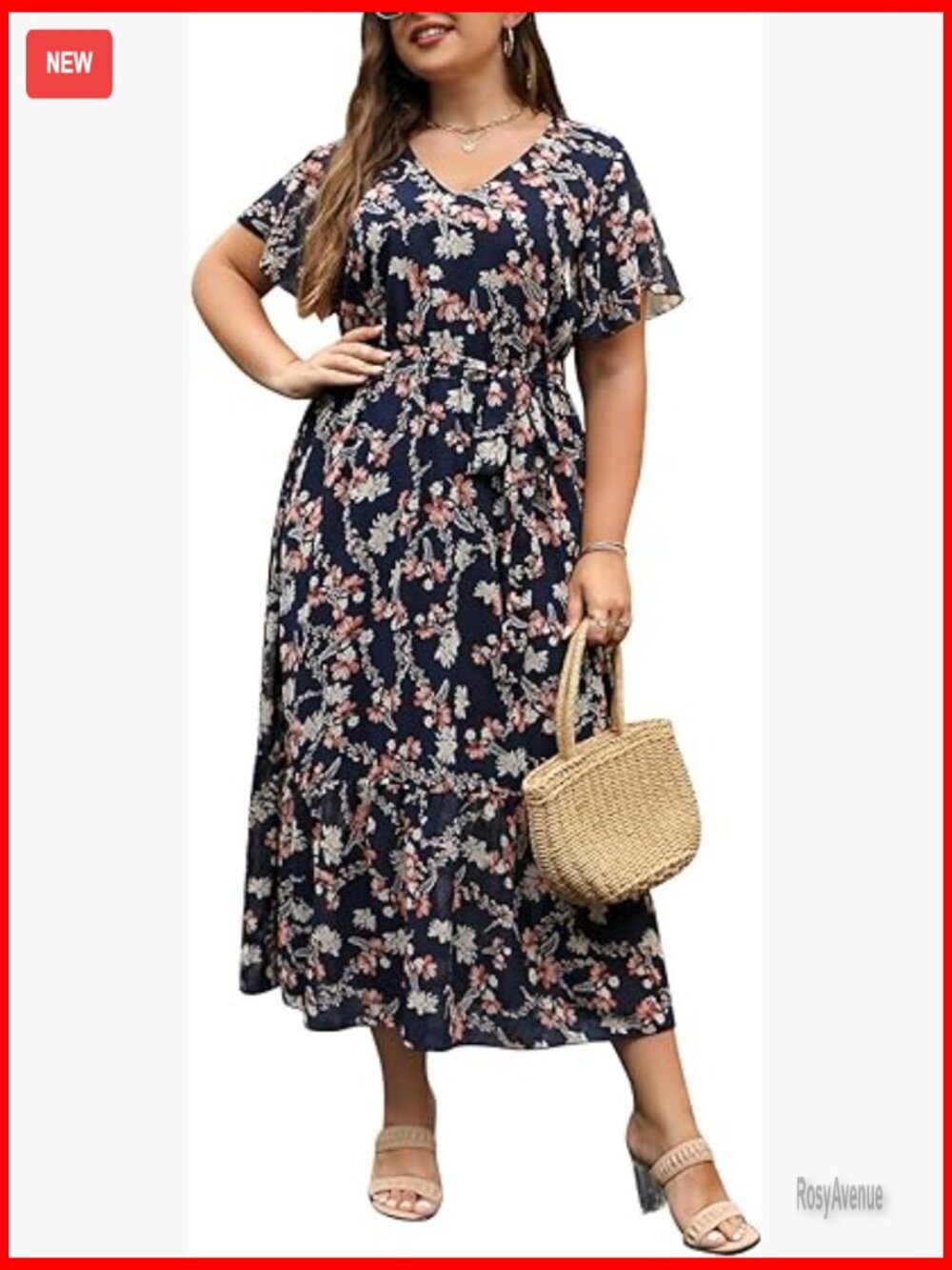 Plus Size Maxi Dress Chiffon V-Neck Ruffle Sleeve Belted Summer Casual